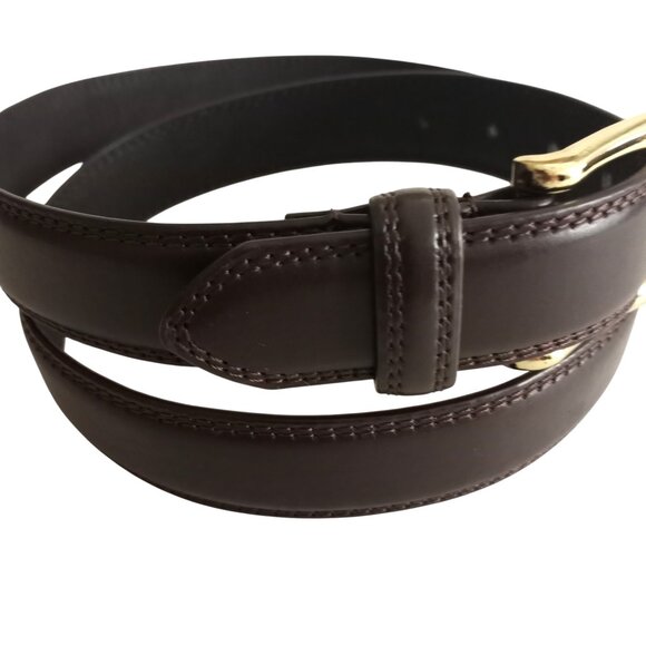 Dark Brown Genuine Leather Mens 38 Dress Belt Gold Tone Buckle - Picture 2 of 3